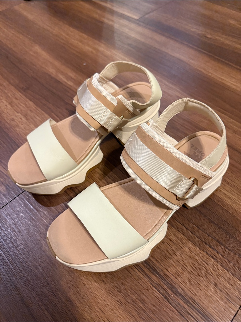 Sorel Cream Platform Slingback Sandals with Tan Straps